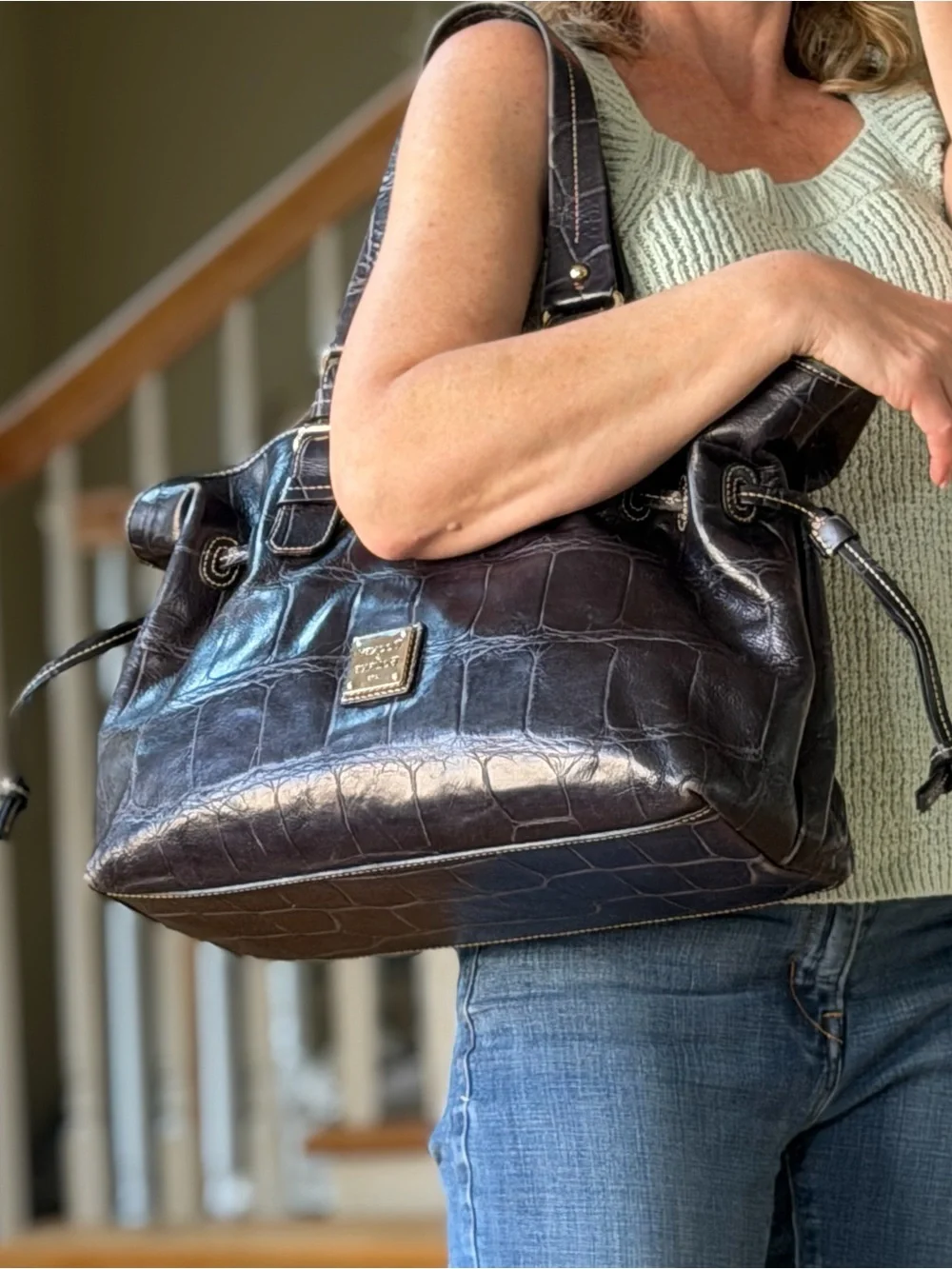 Dooney & Bourke Luxe Y2K Vintage Soft Croc Medium Chiara Drawstring Tote Black